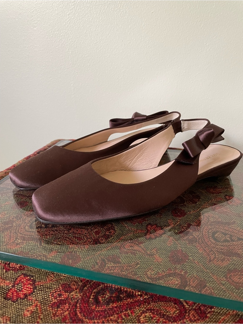 Tuckernuck Chocolate Brown Satin Slingback Flats with Bow